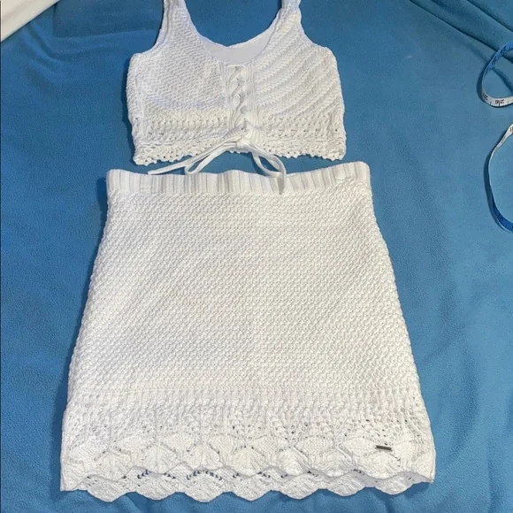 Hollister size XS vintage two-piece white crocheted cotton tank top & skirt - Picture 12 of 15